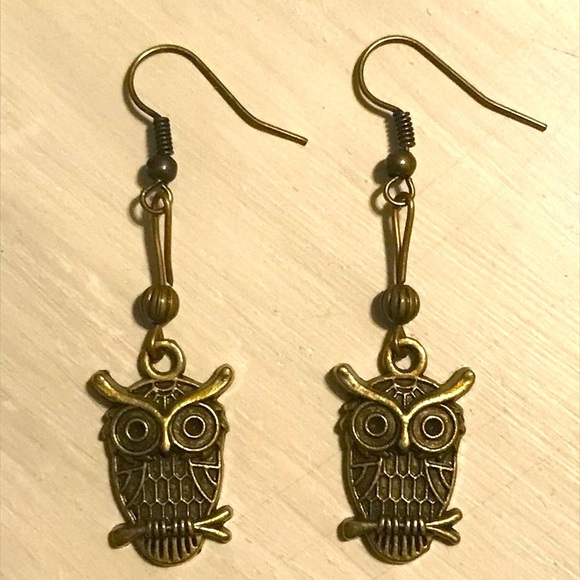 🦉 handmade owl dangle earrings with big eyebrows bronze birds cute gift new - Picture 2 of 4